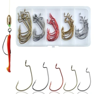 Immagine di Shaddock Set di 50 ami da Pesca Offset Worm Dropshot, Gancio per Esche in Gomma, pesciolini Wide Gap jig