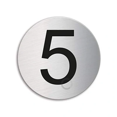 Immagine di Cartello Numero 5 Targhette Targa acciaio inox Ø 75 mm autoadesivo Ofform Design Originale No.39075