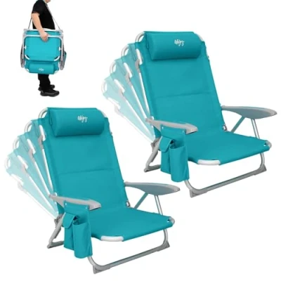 Immagine di #WEJOY Sedia da Spiaggia Campeggio Pieghevole, Spiaggina Portatile con Tracolla, 4 Livelli Schienale Reclinabile Regolabile Sdraio Basso Seduta, in Alluminio per Giardino Mare (Set di 2, Cyan)