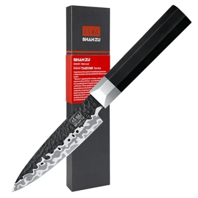 Immagine di SHAN ZU Coltello da Cucina Giapponese 3,7 Pollici, 7 Strati 9CR18MOV per Sbucciar Piccolo in Acciaio ad Alto Tenore di Carbonio Frutta Ultra Affilato con Manico Ergonomico G10