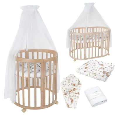 Immagine di Lettino Mobile Waldin 7in1, Materasso, Culla Espandibile, Ventilato, Base Regolabile 5 Posizioni, Set Completto, Legno Naturale, Tessuti Animali Bianco