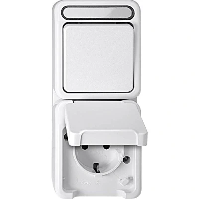 Immagine di Merten 1 pezzo Interruttore per ambienti umidi Completo Combinazione interruttore/prese AQUASTAR bianco polare 4074998