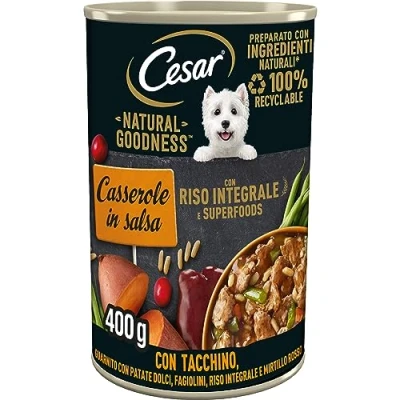 Immagine di Cesar Natural Goodness Casserole Cibo Umido per Cani al gusto di Tacchino e Pasta Integrale in Salsa, 6 Lattine da 400 g, totale 2.4 kg