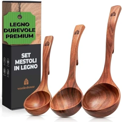 Immagine di Set Mestoli Cucina Legno, Mestolo Zuppa, Antigraffio, Fatti a Mano con Ganci, Mescolare e Servire Alimenti, Minestre Zuppe, 3 pezzi