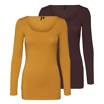 Immagine di VERO MODA Maglia a Maniche Lunghe da Donna (Confezione 2), Giallo/Marrone (1 Chai Tea/1 Berretto caffè), S