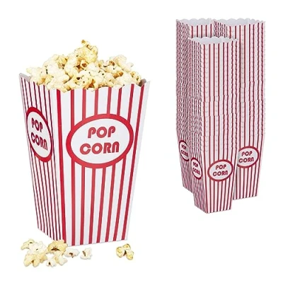 Immagine di Relaxdays Sacchetti per Popcorn, Set da 72, a Righe, Feste Compleanno Tema Cinema, Box Contenitore Cartone, Rosso Bianco, 16 x 10,5 cm