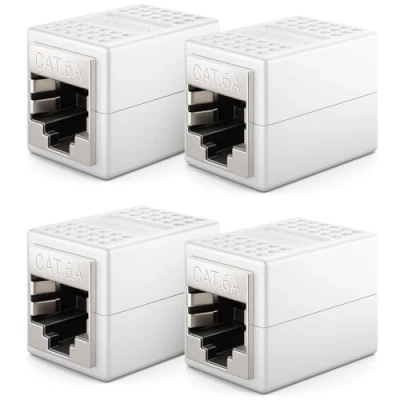 Immagine di deleyCON 4 Pezzi Accoppiatore RJ45 (10 Gbit/s) Cavo LAN Estensione di Rete Connettore Adattatore Ethernet Compatibile con Cat8, Cat7, Cat6, Cat5 Patch DSL POE 2X Presa Bianco