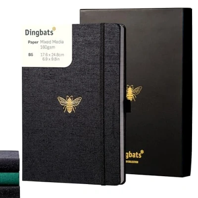 Immagine di Dingbats* Pro B5 Taccuino a Righe Con Scatola Regalo Grande Quaderno Copertina in Tessuto Nero, Rilegatura Filo
