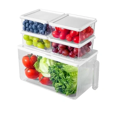 Immagine di Organizer Frigorifero Trasparente,Set di 5 Contenitori Frigo con Copertina e Maniglia Organizzatori,Contenitori Impilabili per Contenitori,Salvaspazio Cucina Dispensa Cucina,Senza BPA