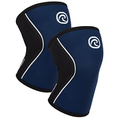 Immagine di Rehband Benda per ginocchio Powersport, fascia Cross Fit e allenamento pesante in neoprene da 5 mm, Colore:Blu Navy 1 Paio, Misura:XL