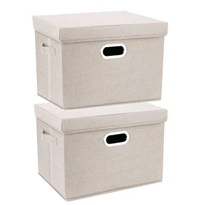 Immagine di TYEERS Grandi Scatole Portaoggetti, in Tessuto, Pieghevole, con Coperchio, 44x30x29 cm, Set di 2, Beige
