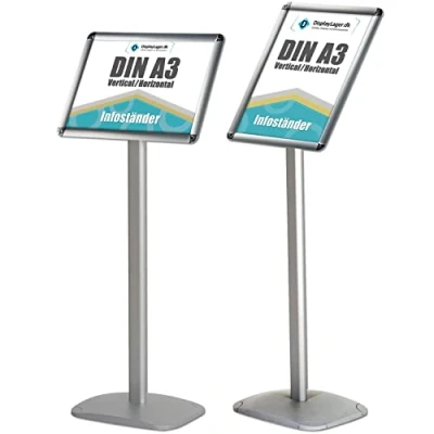 Immagine di DisplayLager Espositore EXPO per poster. Design di alta qualità con super funzionalità.Supporto informativo in base alluminio antiruggine. Supporto uso orizzontale/verticale (A3)