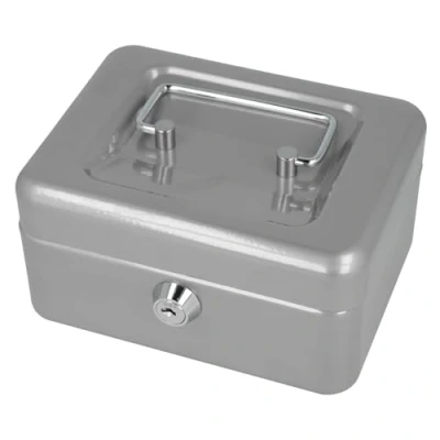 Immagine di Westcott Cassetta portavalori con serratura (compatta, 15 cm) argento in lamiera d&#039;acciaio 2 chiavi Inserto rimovibile per monete 6 scomparti E 51000 SILVER