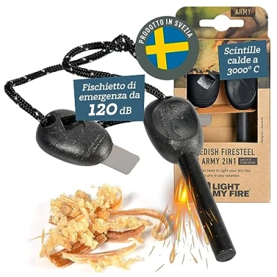 Immagine di Light My Fire Acciarino per Fuoco Pietra Focaia Kit Sopravvivenza Militare Professionale ARMY Bushcraft Accessori Campeggio Accendi Starter 2 in 1 12 000 Accensioni, SlatyBlack