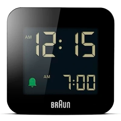 Immagine di Braun Sveglia Digitale da Viaggio con Snooze, Dimensioni Compatte, Display LCD Negativo, Impostazione Rapida, Bip Crescendo in Nero, Modello BC08B.