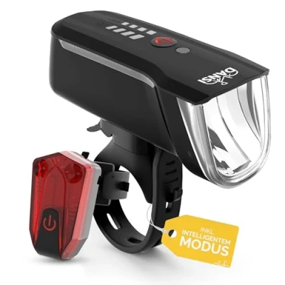 Immagine di DANSI LED Light Set Illuminazione per biciclette omologata StVZO con 60, 30 e 15 Lux a anteriore + posteriore Regolazione automatica dell&#039;illuminazione