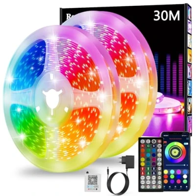 Immagine di Realky Striscia LED 30M, Luci Cambia Colore, APP Bluetooth e Telecomando a 44 tasti, Sincronizzazione musica timer, Decorazione strisce per camera da Letto, Feste (15M*2)