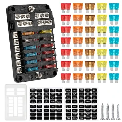 Immagine di GUNGY Portafusibili 12V Porta Fusibili 12 Vie Scatola Fusibile Auto con Indicatore LED e 30pcs a Lama per Barca Camion SUV Camper