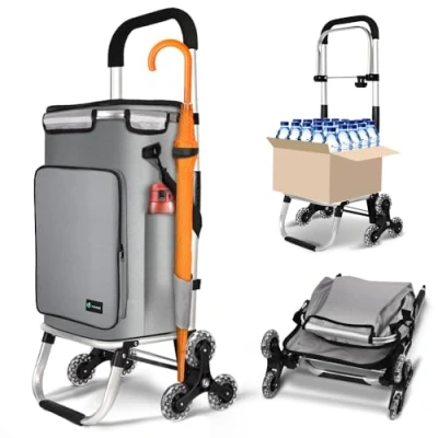 Immagine di VOUNOT Carrello Spesa Pieghevole in Alluminio, Portaspesa 6 Ruote con Borsa Termico e Ganci, 50 L, Grigio