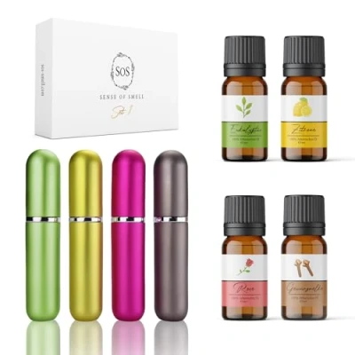 Immagine di SOS Kit training olfattivo 100% oli essenziali eucalipto, limone, rosa, chiodi di garofano per la perdita dell&#039;olfatto impara nuovo ad annusare
