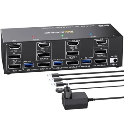 Immagine di KVM Switch 3 PC monitor 8K@60Hz 4K@144Hz,Triple HDMI+2 Displayport per parti PC, e 4 dispositivi USB3.0, con alimentatore da 12 V DC, telecomando cablato cavi USB