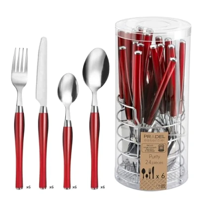 Immagine di Amefa Purity Servizio di Posate da 24 Pezzi, Cestino per 6 Persone, Acciaio Inossidabile Bi Materiale, Rosso