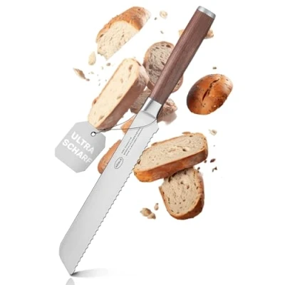 Immagine di RÖSLE Masterclass Coltello da pane di alta qualità, per tagliare pane, panini e baguette, realizzato a Solingen, con lama seghettata in acciaio speciale manico legno noce