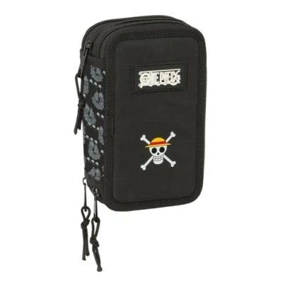 Immagine di Safta One Piece Pirates astuccio scuola con 37 utili inclusi, per bambini, ideale bambini dai 5 ai 14 anni, comodo e versatile, qualità resistenza, 12,5 x 5,5 19,5 cm, Nero, M,