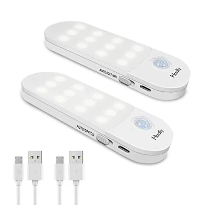 Immagine di Hually Luce Notte LED, [2 Pezzi] Lampada Guardaroba con Sensore Movimento, Batteria Ricaricabile LED Striscia Magnetica Adesiva per Armadio, Scale, Corridoi, Cucina, Garage ecc Auto/On/Off