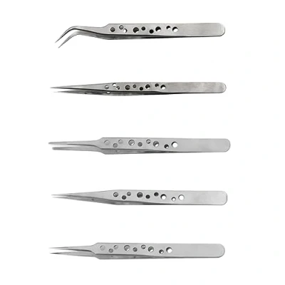 Immagine di 5 pinzette antistatiche in acciaio inox, 4 dritte e 1 paio di curve, con punta precisione, utilizzate per la riparazione gioielli, elettronica