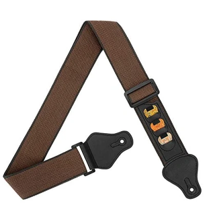 Immagine di BestSounds Tracolla per chitarra, 100% cotone, con 3 tasche per plettri, chitarre basso, elettriche e acustiche, Brown