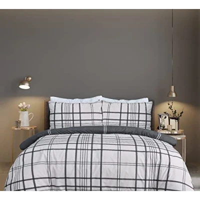 Immagine di Sleepdown Set di biancheria da letto reversibile con copripiumino e federe, 100% puro cotone a quadri, colore nero naturale, morbido facile pulire, super king size (220 x 260 cm)