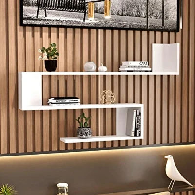 Immagine di [en.casa] Mensola da Parete a 3 Ripiani (AxLxP) 71,5 x 120 14,5 cm Scaffale Pensile Forma di S Libreria Consolle Bianco