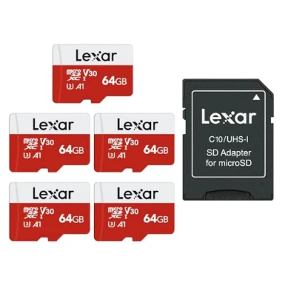 Immagine di Lexar Micro SD 64 GB, Scheda fino a 100 MB/sec(R), di Memoria microSDXC con Adattatore SD, A1, U3, C10, V30, Card Confezione da 5