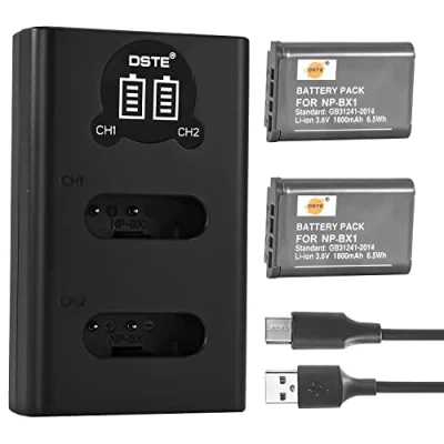 Immagine di DSTE NP BX1 Batteria ricaricabile (confezione da 2) e caricatore USB doppio LED intelligente compatibile con Sony CyberShot DSC HX90 HX95 HX99 RX100 WX350 HX400V HDR AS100V FDR X1000 X3000