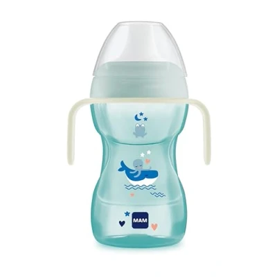 Immagine di MAM Tazza didattica Vaso Fun to Drink D120 con beccuccio rigido, coperchio protettivo e manici antiscivolo per bambini dagli 8 mesi in su, 270 ml, blu (il design può variare)