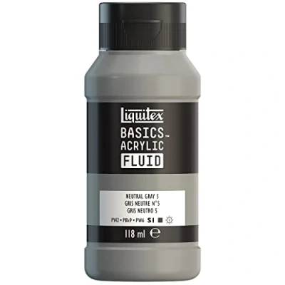 Immagine di LIQUITEX 8870414 Basics Fluid, pitura acrilica di consistenza fluida, asciugatura rapida, resistente alla luce, impermeabile, a base d&#039;acqua, flacone da 118 ml, Grigio Neutro No 5