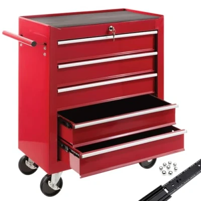 Immagine di AREBOS carrello da officina con 5 scomparti colore rosso chiusura centrale a chiave rivestimento antiscivolo rotelle fermaruota metallo robusto