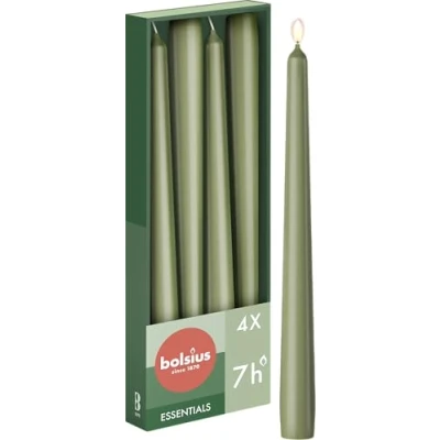 Immagine di Bolsius candele affusolate, colore verde, confezione da 4, 24,5 cm, decorative per la casa, durata di 7 ore, non profumate, include cera vegana naturale, senza olio palma