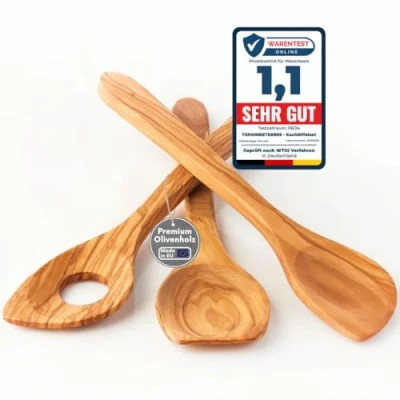Immagine di Topanbieter999 Set di 3 cucchiai da cucina olive, realizzati in Germania, con cucchiaio, cucchiaio portata e 30 cm, legno d&#039;ulivo, alta qualità, sostenibile,