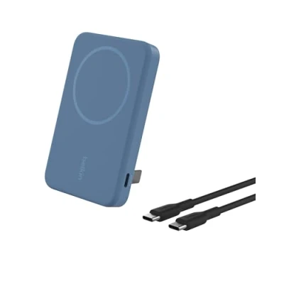 Immagine di Belkin BoostCharge Pro power bank Magnetico 5000mAh con Qi2, caricabatterie portatile compatibile MagSafe, supporto integrato, wireless per iPhone 16, 15, 14 e altri, blu