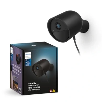 Immagine di Philips Hue Secure, Telecamera di Sicurezza con Cavo, HD 1080p, Visione Notturna, Audio Bidirezionale, Microfono, Notifiche Push, per Interni, Nero