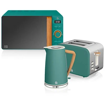 Immagine di Swan Nordic Set Colazione Bollitore 1,7L 2200W, Tostapane Pane con scanalatura larga 2 fette, Microonde 20L Digitale Design Moderno Effetto Legno Verde