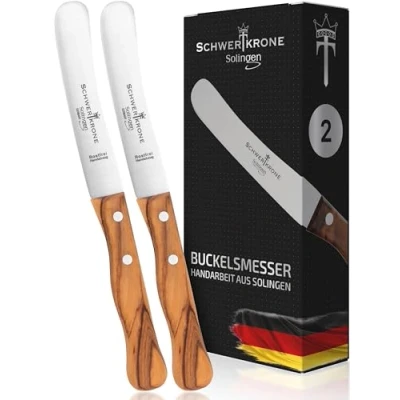 Immagine di Schwertkrone Set di 2 coltelli da colazione originali Solingen, in acciaio inox, senza ruggine, taglio a desiderio, legno d&#039;ulivo