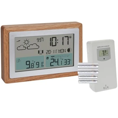 Immagine di TFA Dostmann Stazione meteo radio con sensore esterno OAK, 35.1167 previsioni telaio in legno, temperatura interna esterna, raccomandazione di ventilazione, dimmerabile, orologio radio,