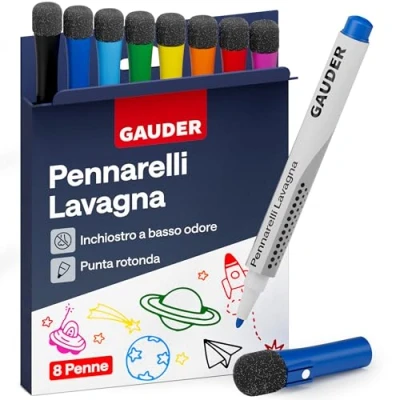 Immagine di GAUDER Set di Pennarelli per Lavagna Bianca (8 pezzi 8 colori) cancellabili a secco senza residui con spugna, ideali lavagne bianche e magnetiche.