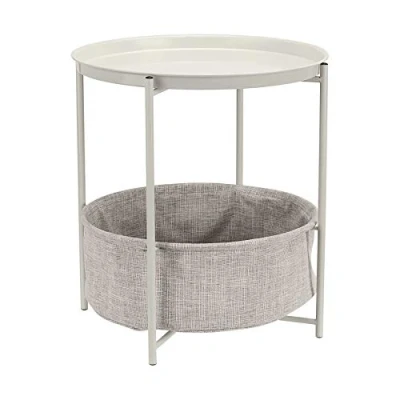 Immagine di Amazon Basics Rotondo Tavolino lato divano con spazio per stoccaggio, bianco tessuto melange grigio, 44.96 P x l 48H cm, Crema / Avorio