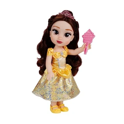 Immagine di Disney Princess bambola 38 cm di Belle, con i suoi abiti iconici arricchiti da dettagli glitterati, tiara scintillante e scarpette coordinate, occhi brillano