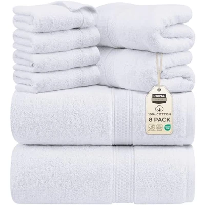 Immagine di Utopia Towels, Set Di Asciugamani Da 8 pezzi, 2 Bagno, a Mano e 4 Panni Lavare, Altamente Assorbente Per Palestra, Hotel Spa (Bianco)
