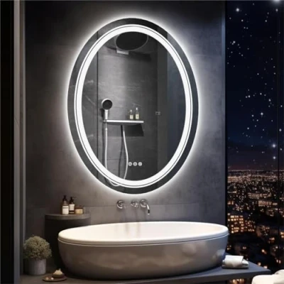 Immagine di LUVODI Specchio LED da Bagno: Retroilluminato + Frontale Luce 50x70cm Ovale per Bagno Parete, 3 Pulsanti Touch, Dimmerabile, Antiappanamento, IP56, Orizzontale Verticale